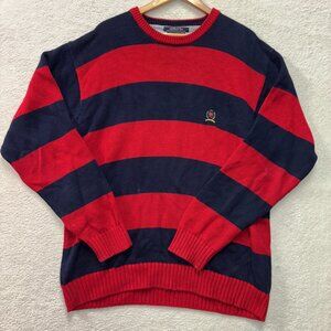 Y2K Tommy Hilfiger Heavy Cotton Knit Striped Sweater Mens XL Navy/Red Classic